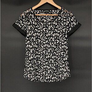 Express Women's Lace Overlay Short Sleeve Top XS Black and White Statement Top